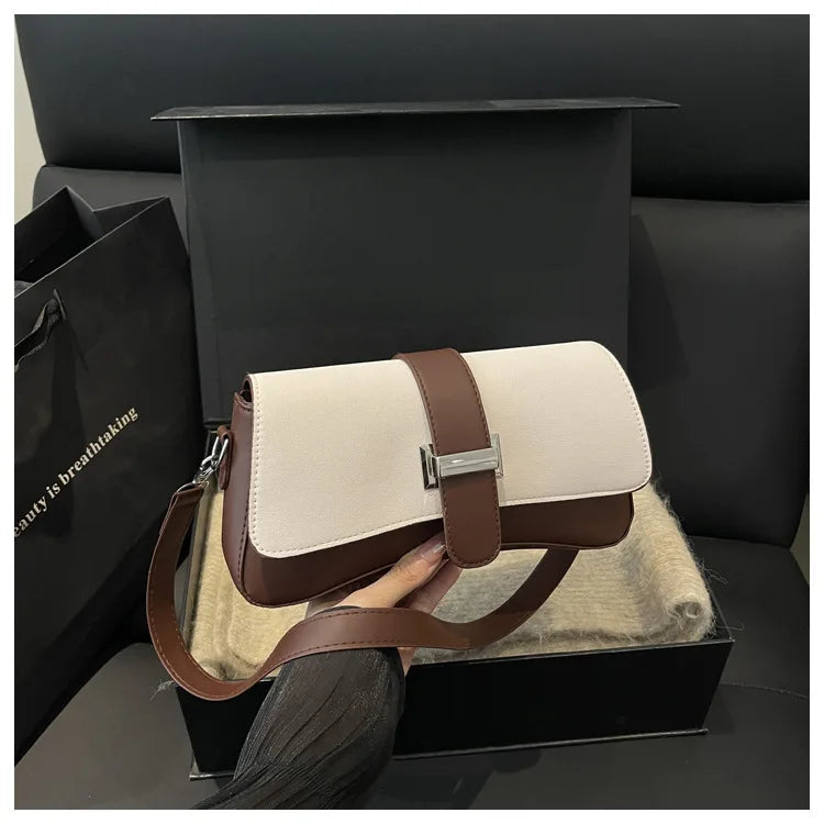 Elegant Two Tone Crossbody Bags with Silver Buckle, Minimalist Flap Design Versatile Chic Shoulder Purse for Office Casual Daily