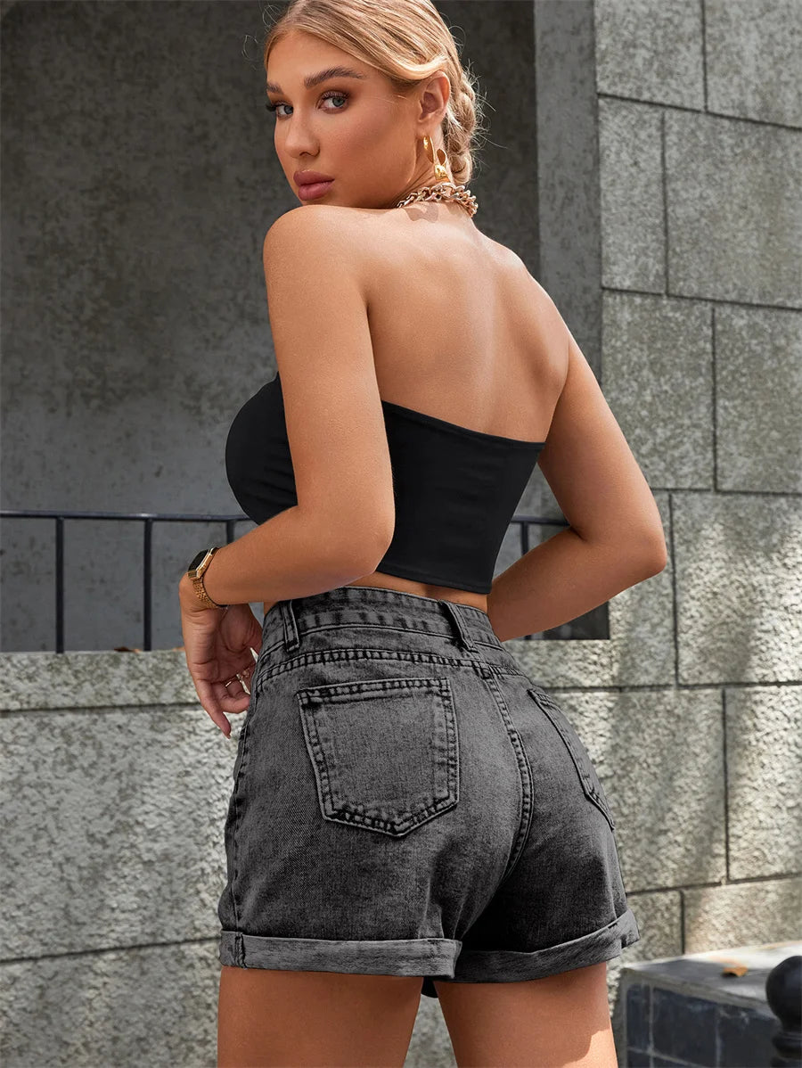Benuynffy Zipper Fly Roll Up Hem Denim Shorts Women Fashion Summer High Waist Pockets Female Straight Leg Jean Shorts For Woman