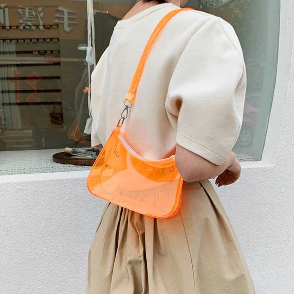 Event Concert Approved Handbag Summer Candy Color Transparent Single Shoulder Bag Zipper Clear PVC Jelly Bag Small Purses Women Girls Daily Shopping Bag