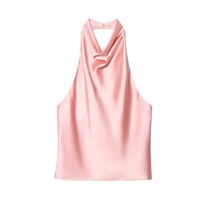 MUJER Satin Halter Tops for Women off Shoulder Backless Tops Woman 2026 Sexy Summer Strapless Women's Tops Camisole Beach Top Female