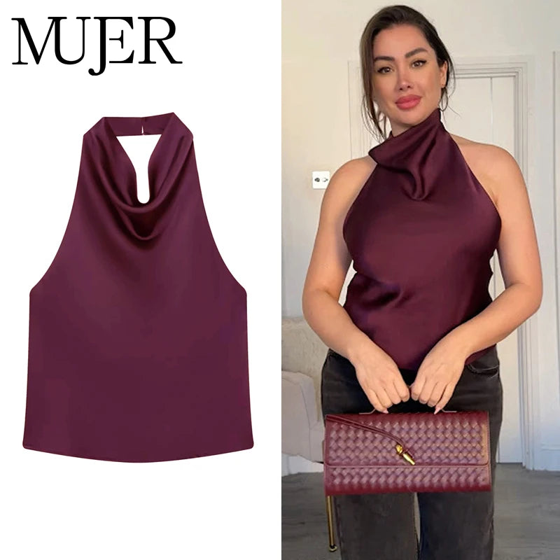 MUJER Satin Halter Tops for Women off Shoulder Backless Tops Woman 2026 Sexy Strapless Women's Tops Camisole Beach Top Female
