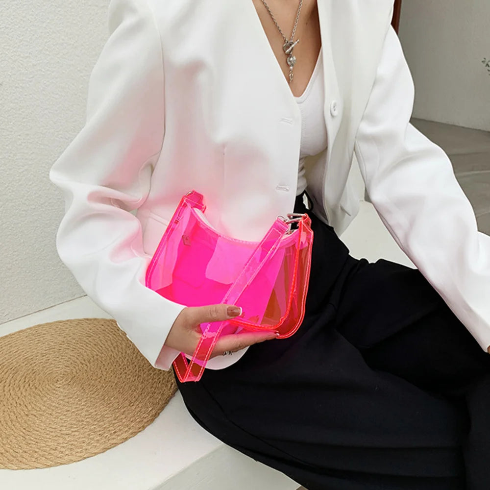 Event Concert Approved Handbag Summer Candy Color Transparent Single Shoulder Bag Zipper Clear PVC Jelly Bag Small Purses Women Girls Daily Shopping Bag