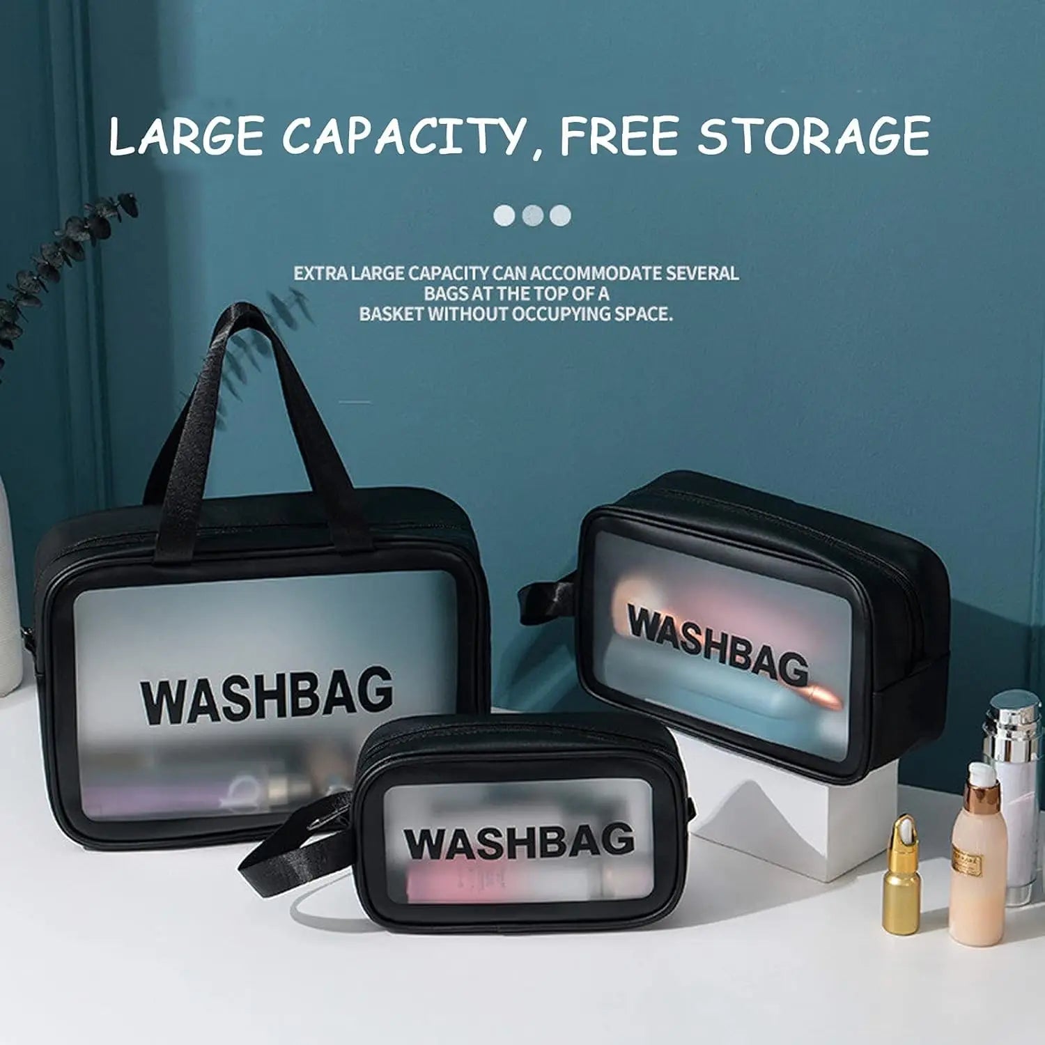 1/3pcs Transparent Makeup And Toiletries Bag, Large Capacity Pvc Semi Transparent Frosted Portable Storage Bag