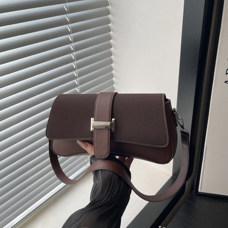 Elegant Two Tone Crossbody Bags with Silver Buckle, Minimalist Flap Design Versatile Chic Shoulder Purse for Office Casual Daily