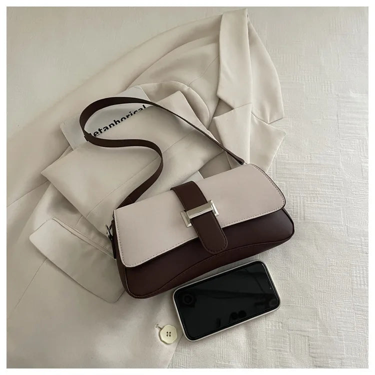 Elegant Two Tone Crossbody Bags with Silver Buckle, Minimalist Flap Design Versatile Chic Shoulder Purse for Office Casual Daily