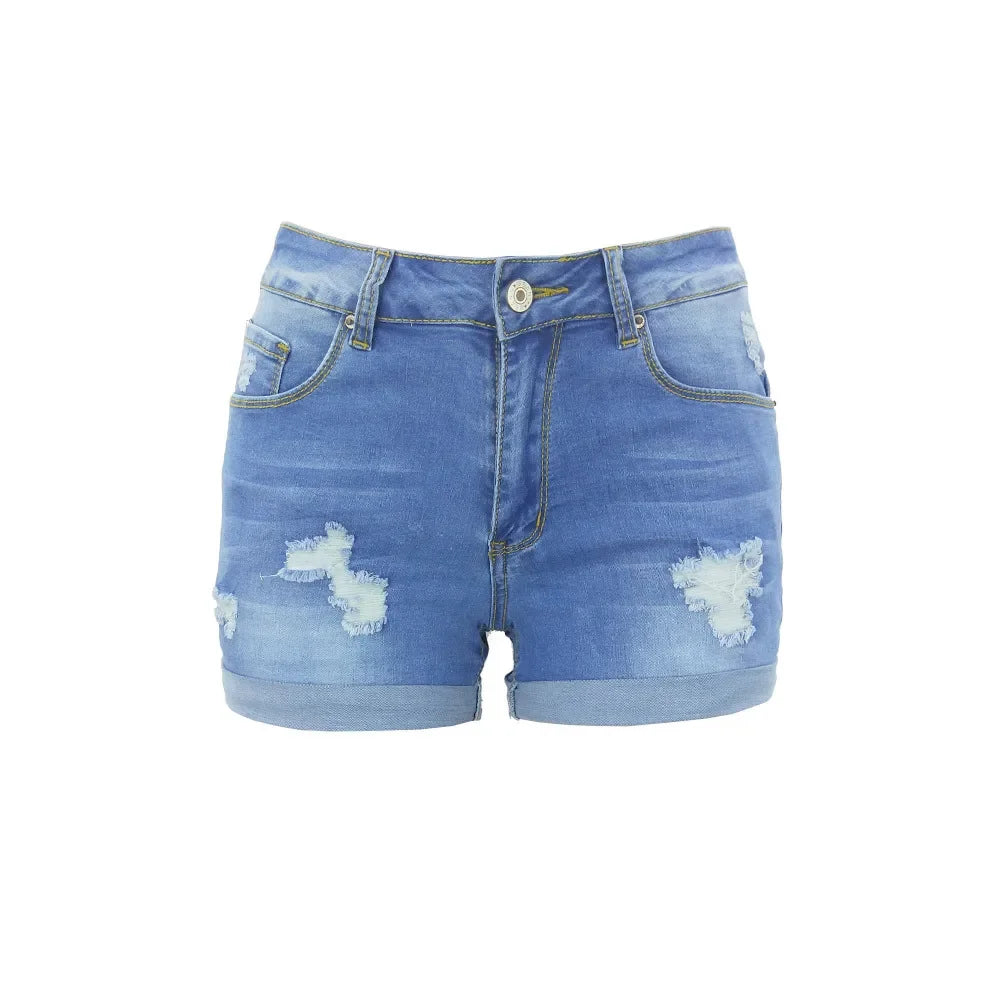 Washed Ripped Mid-waist Denim Shorts.Comfortable Short Jeans with A New Style of Personalized Street Fashion for Women in Summer