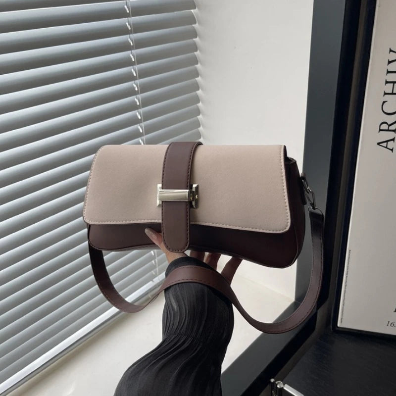 Elegant Two Tone Crossbody Bags with Silver Buckle, Minimalist Flap Design Versatile Chic Shoulder Purse for Office Casual Daily