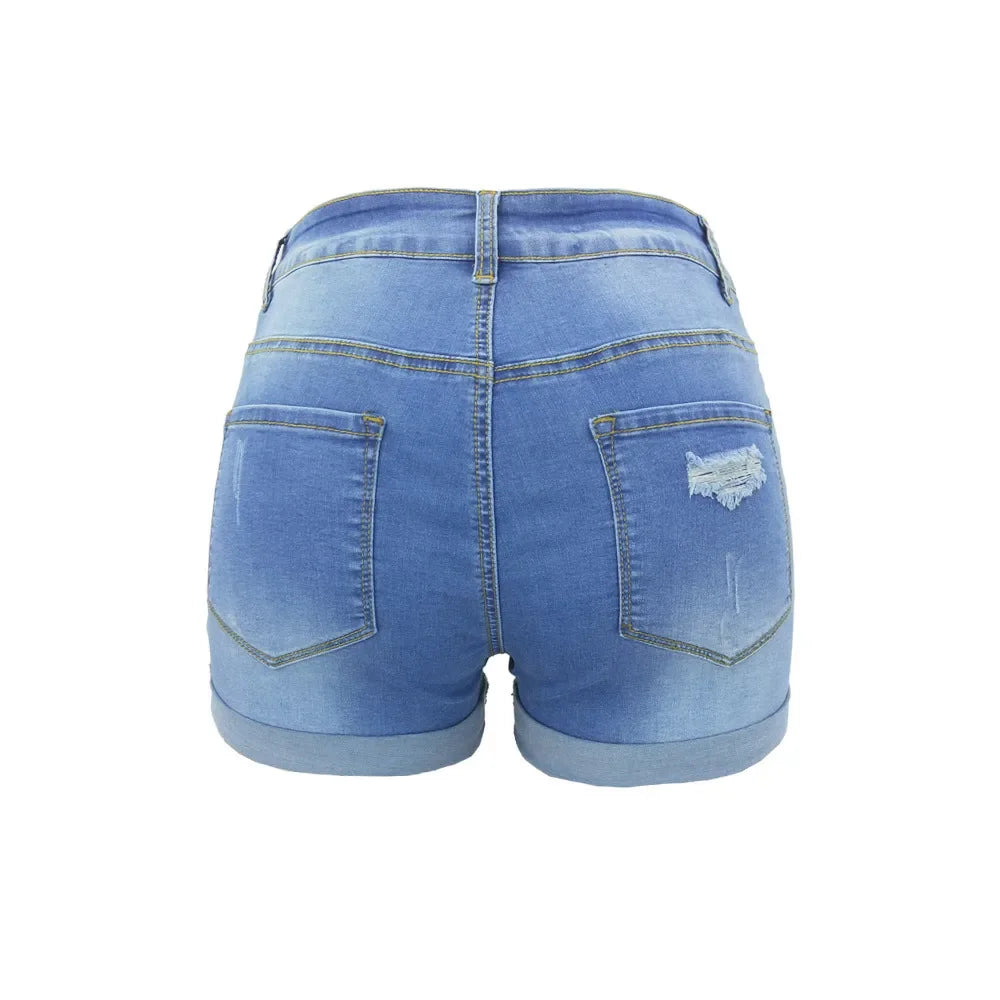 Washed Ripped Mid-waist Denim Shorts.Comfortable Short Jeans with A New Style of Personalized Street Fashion for Women in Summer