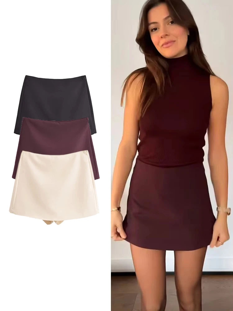 New Fall Women Solid Skort Fashion Causal Side Zipper Mini Shorts Skirts Vintage High Waist Streetwear Shorts Skirts